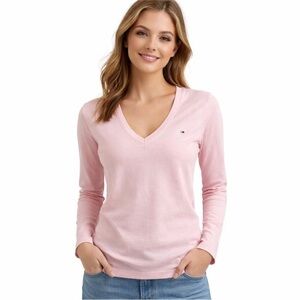 🌼 Tommy Hilfiger Light Pink V-Neck Long Sleeve Top Size Medium